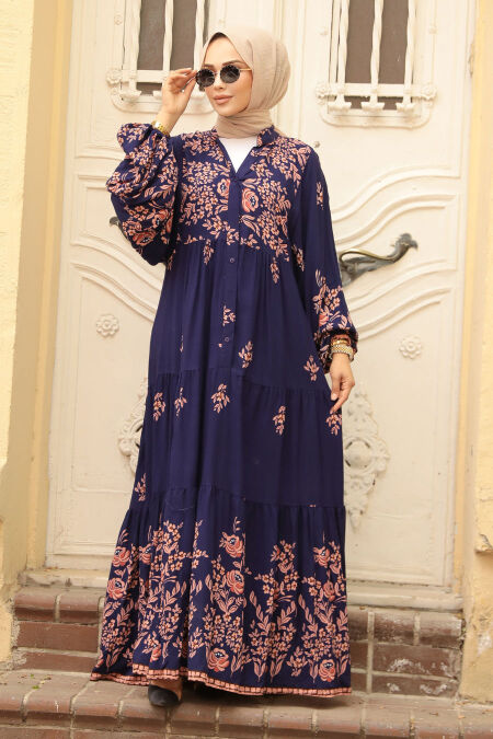 Modest Navy Blue Floral Dress 10300L - NEVA STYLE