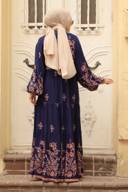 Modest Navy Blue Floral Dress 10300L - 3