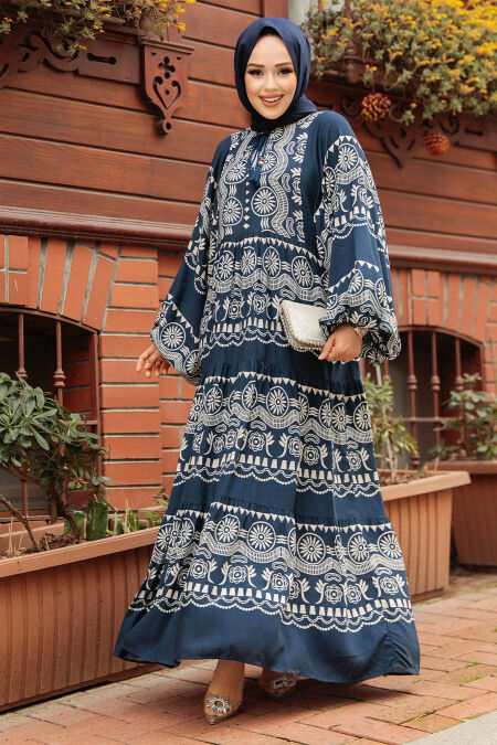 Modest Navy Blue Floral Dress 11270L - NEVA STYLE