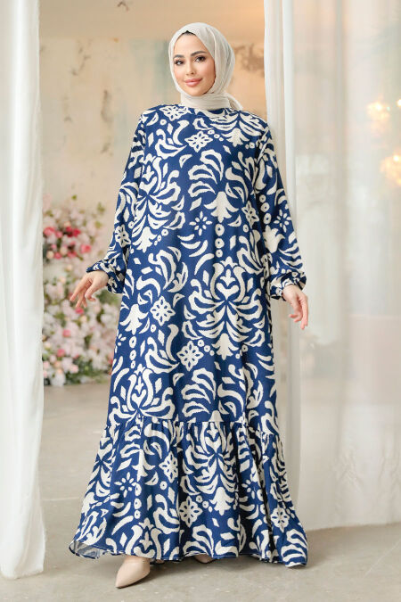 Modest Navy Blue Floral Dress 15723L - NEVA STYLE