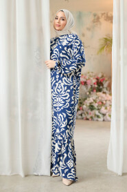 Modest Navy Blue Floral Dress 15723L - 2