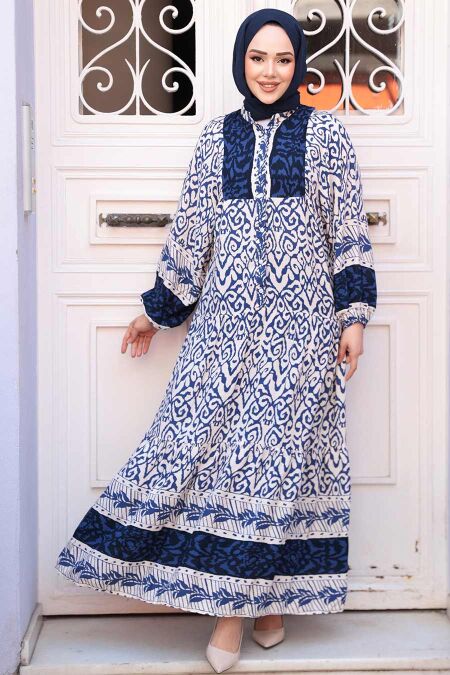 Modest Navy Blue Floral Dress 18245L - NEVA STYLE