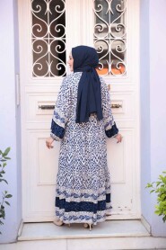 Modest Navy Blue Floral Dress 18245L - 4