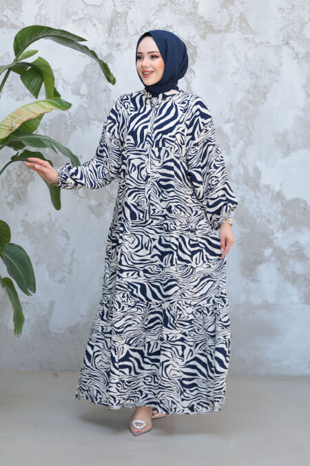 Modest Navy Blue Floral Dress 18247L - NEVA STYLE