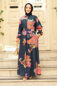 Modest Navy Blue Floral Dress 23441L - 1