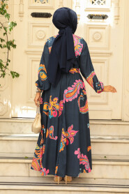 Modest Navy Blue Floral Dress 23441L - 4