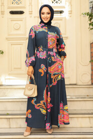 Modest Navy Blue Floral Dress 23441L - 2