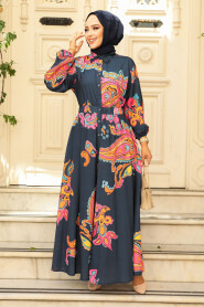 Modest Navy Blue Floral Dress 23441L - 3