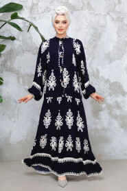 Modest Navy Blue Floral Dress 25491L - 1