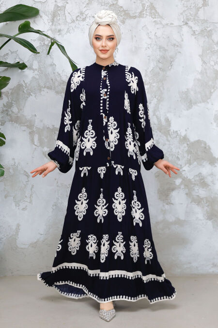 Modest Navy Blue Floral Dress 25491L - NEVA STYLE