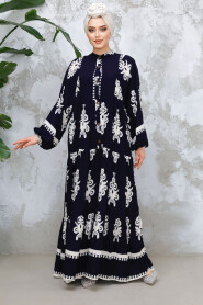 Modest Navy Blue Floral Dress 25491L - 2