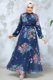 Modest Navy Blue Floral Dress 34468L 