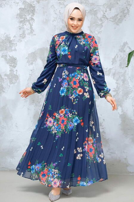 Modest Navy Blue Floral Dress 34468L - NEVA STYLE