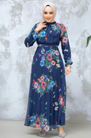 Modest Navy Blue Floral Dress 34468L - 3