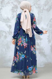 Modest Navy Blue Floral Dress 34468L - 4