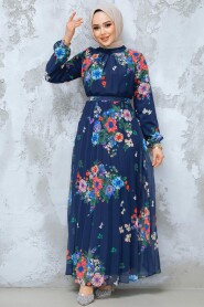 Modest Navy Blue Floral Dress 34468L - 2