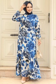 Modest Navy Blue Floral Long Dress 15729L - 3