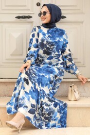 Modest Navy Blue Floral Long Dress 15729L - 4