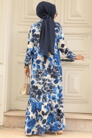 Modest Navy Blue Floral Long Dress 15729L - 5