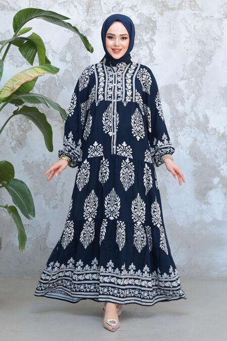 Modest Navy Blue Floral Long Dress 18242L - NEVA STYLE