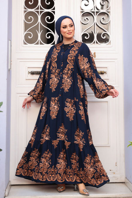 Modest Navy Blue Floral Long Dress 3035L - NEVA STYLE