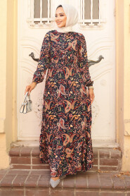 Modest Navy Blue Floral Long Dress 70152L - 1