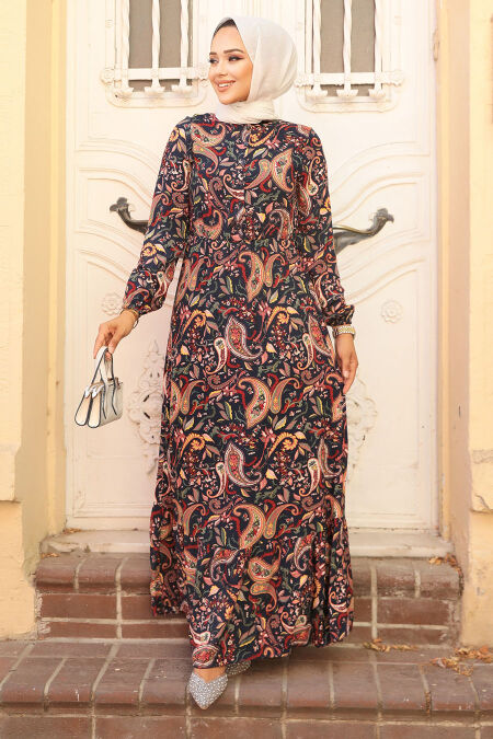 Modest Navy Blue Floral Long Dress 70152L - NEVA STYLE