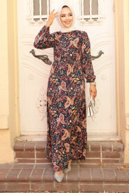 Modest Navy Blue Floral Long Dress 70152L - 2