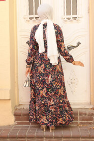 Modest Navy Blue Floral Long Dress 70152L - 3