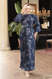 Modest Navy Blue Floral Pleated Dress 23502L - 2