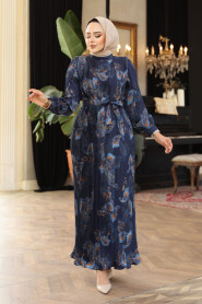Modest Navy Blue Floral Pleated Dress 23502L 
