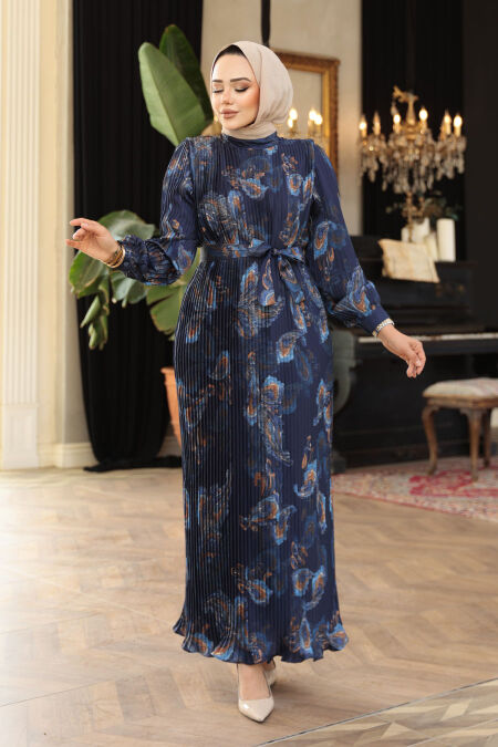 Modest Navy Blue Floral Pleated Dress 23502L - NEVA STYLE