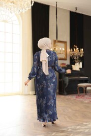 Modest Navy Blue Floral Pleated Dress 23502L - 3