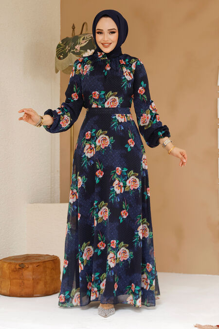 Modest Navy Blue Floral Plus Size Dress 27974L - NEVA STYLE