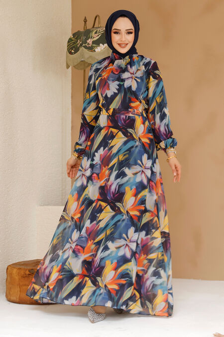 Modest Navy Blue Floral Plus Size Dress 27977L - NEVA STYLE