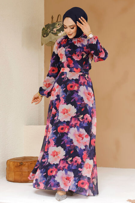 Modest Navy Blue Floral Plus Size Dress 27983L - NEVA STYLE