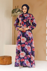 Modest Navy Blue Floral Plus Size Dress 27983L - 3