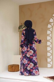 Modest Navy Blue Floral Plus Size Dress 27983L - 4