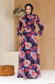 Modest Navy Blue Floral Plus Size Dress 27983L - 2