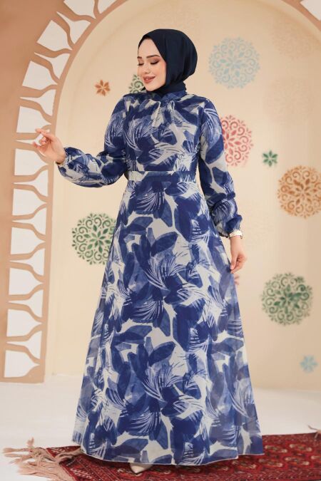 Modest Navy Blue Floral Plus Size Dress 279907L - NEVA STYLE