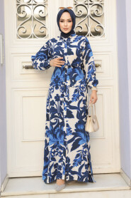 Modest Navy Blue Floral Women Dress 90061L - 1
