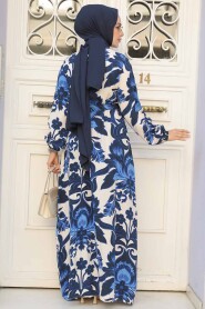 Modest Navy Blue Floral Women Dress 90061L - 3