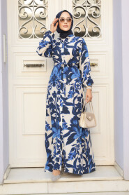 Modest Navy Blue Floral Women Dress 90061L - 2