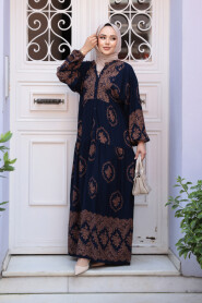 Modest Navy Blue Flower Maxi Dress 24014L - 2