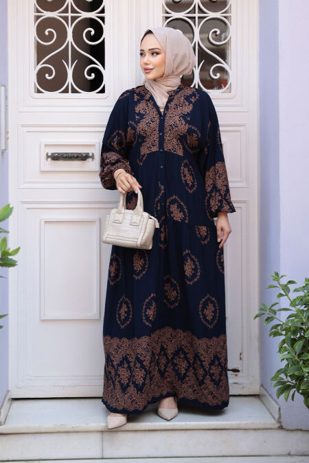 Modest Navy Blue Flower Maxi Dress 24014L - NEVA STYLE