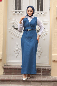 Modest Navy Blue Gilet Denim Dress 7182L - 2