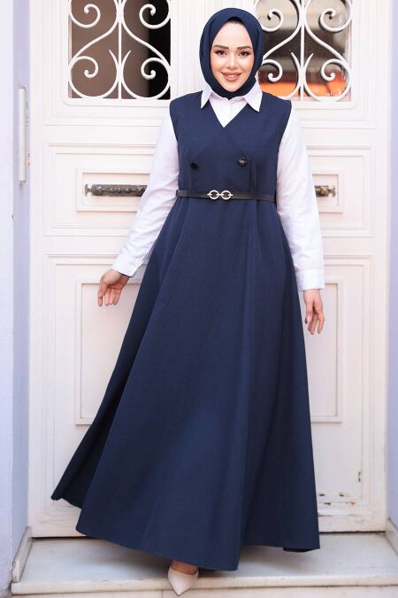 Modest Navy Blue Gilet Dress 30284L - NEVA STYLE