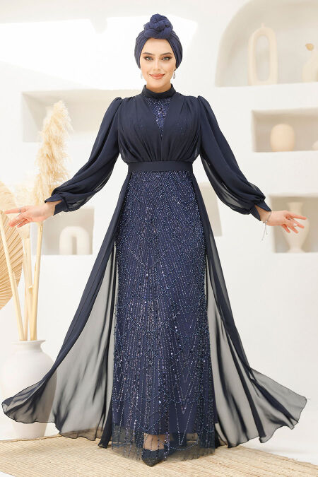 Modest Navy Blue Islamic Clothing Evening Dress 46301L - NEVA STYLE