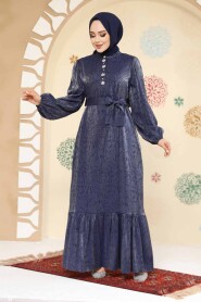 Modest Navy Blue Jacquard Dress 23891L - 2