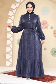 Modest Navy Blue Jacquard Dress 23891L - 3